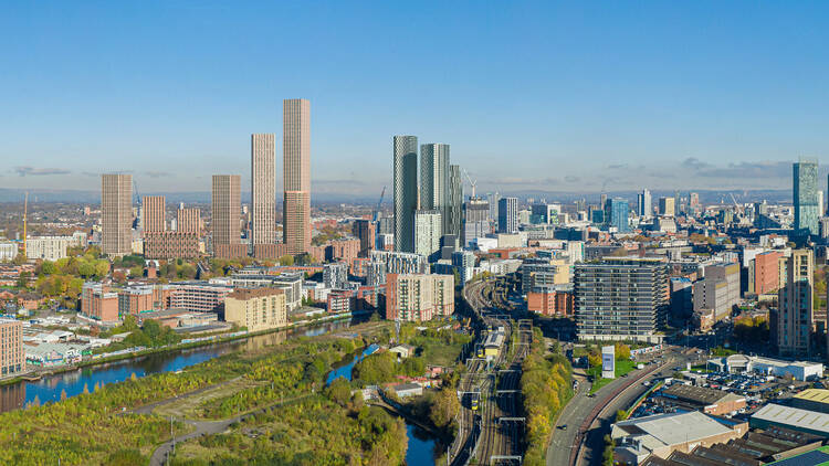 Photo of the skyline in Salford, Greater Manchester on a sunny day Photo of the skyline in Salford, Greater Manchester on a sunny day