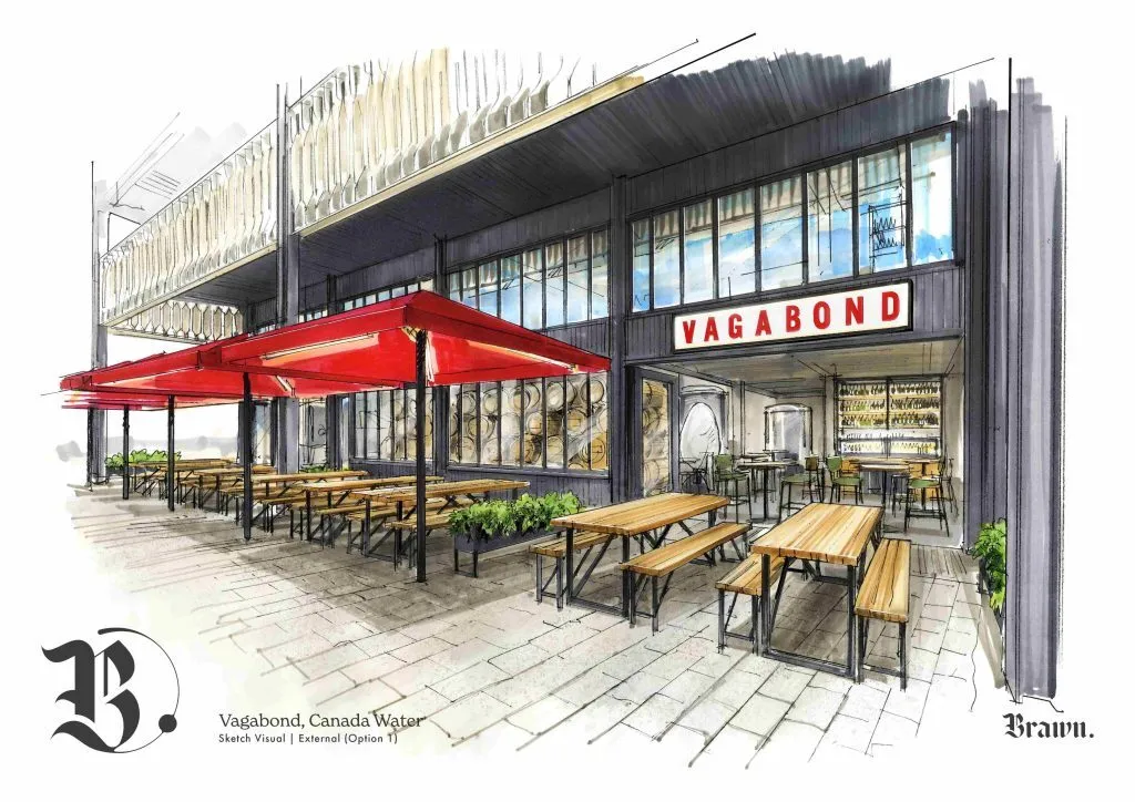 Drawing of the outside of a shop with wooden benches and tables and red umbrellas and a red sign saying Vagabond