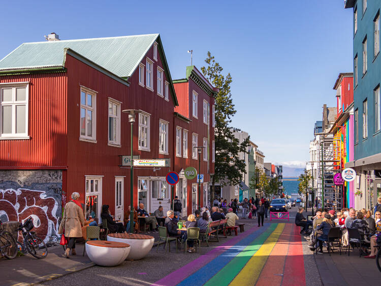 : The Klapparstigur street with the pride gay painted rainbow colors in Iceland.