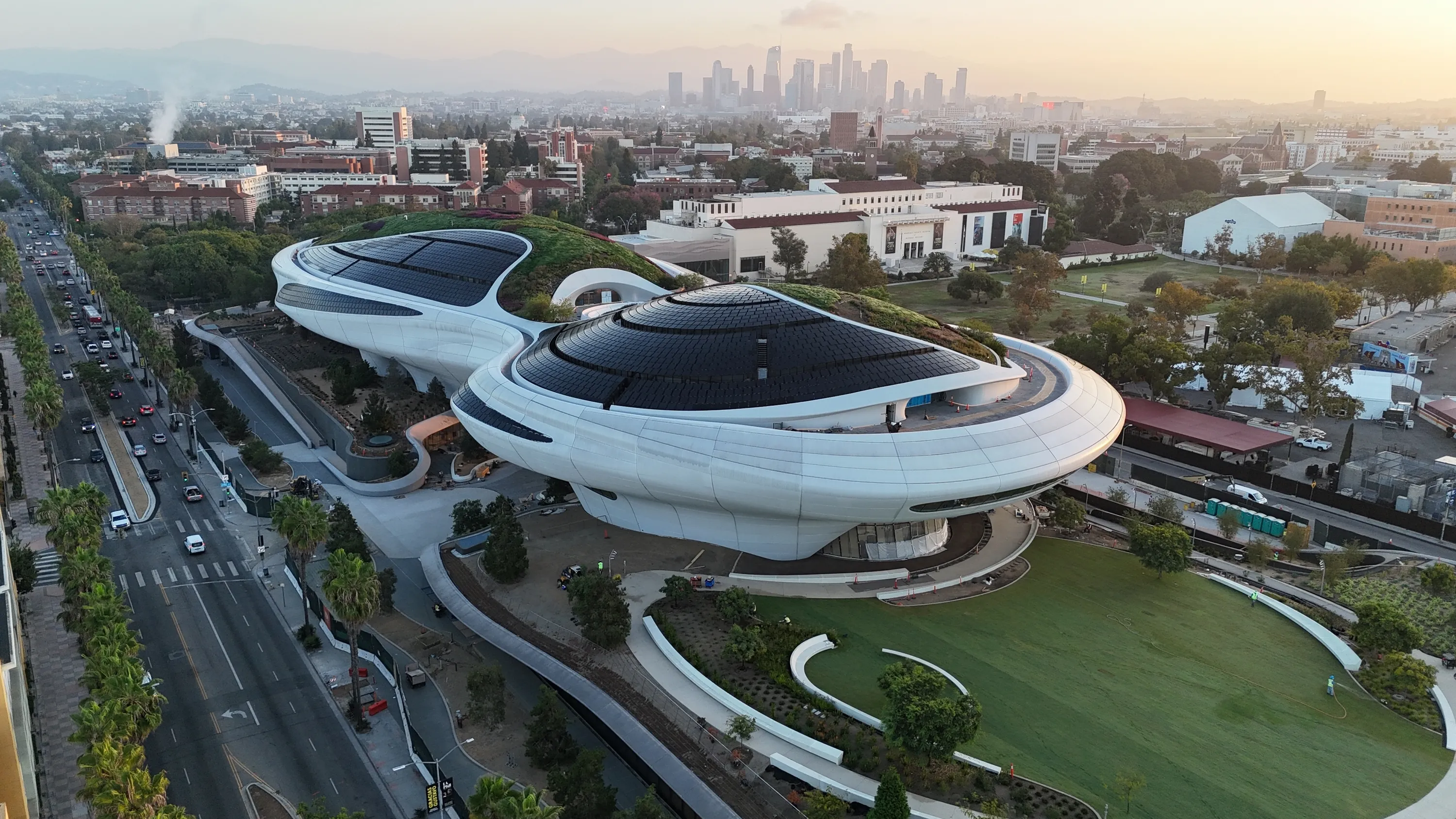 An aerial view of the Lucas Museum of Narrative Art.