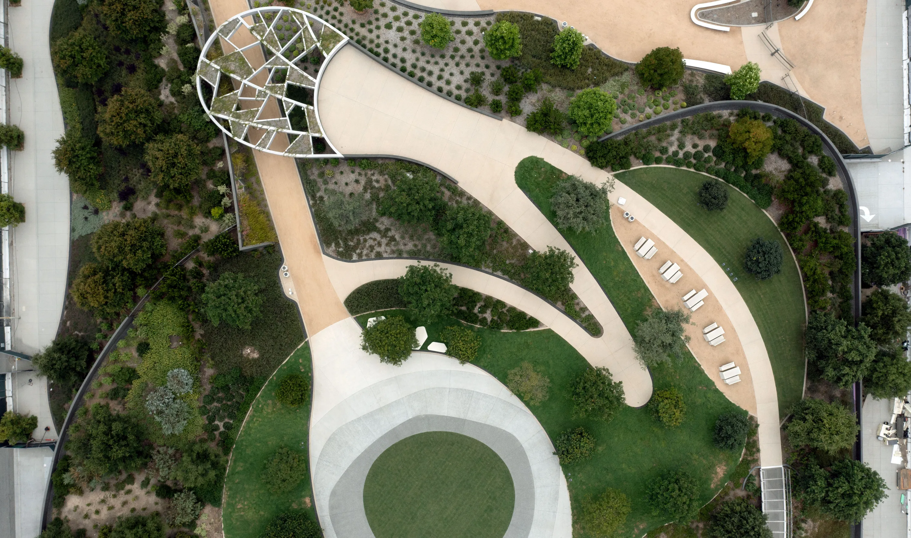An aerial view of the Lucas Museum of Narrative Art and its gardens.