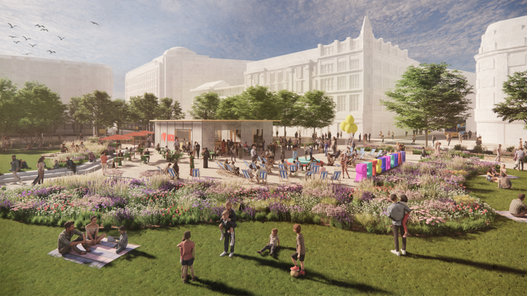 Digital architects image of revamped Piccadilly Gardens with grass, kids playing, lots of flowers and a central busy square