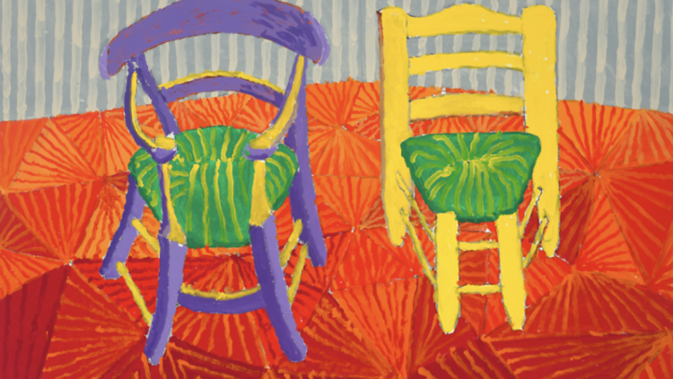Colourful painting of Gauguin's and Vincent Van Goh’s chairs by David Hockney Colourful painting of Gauguin's and Vincent Van Goh’s chairs by David Hockney