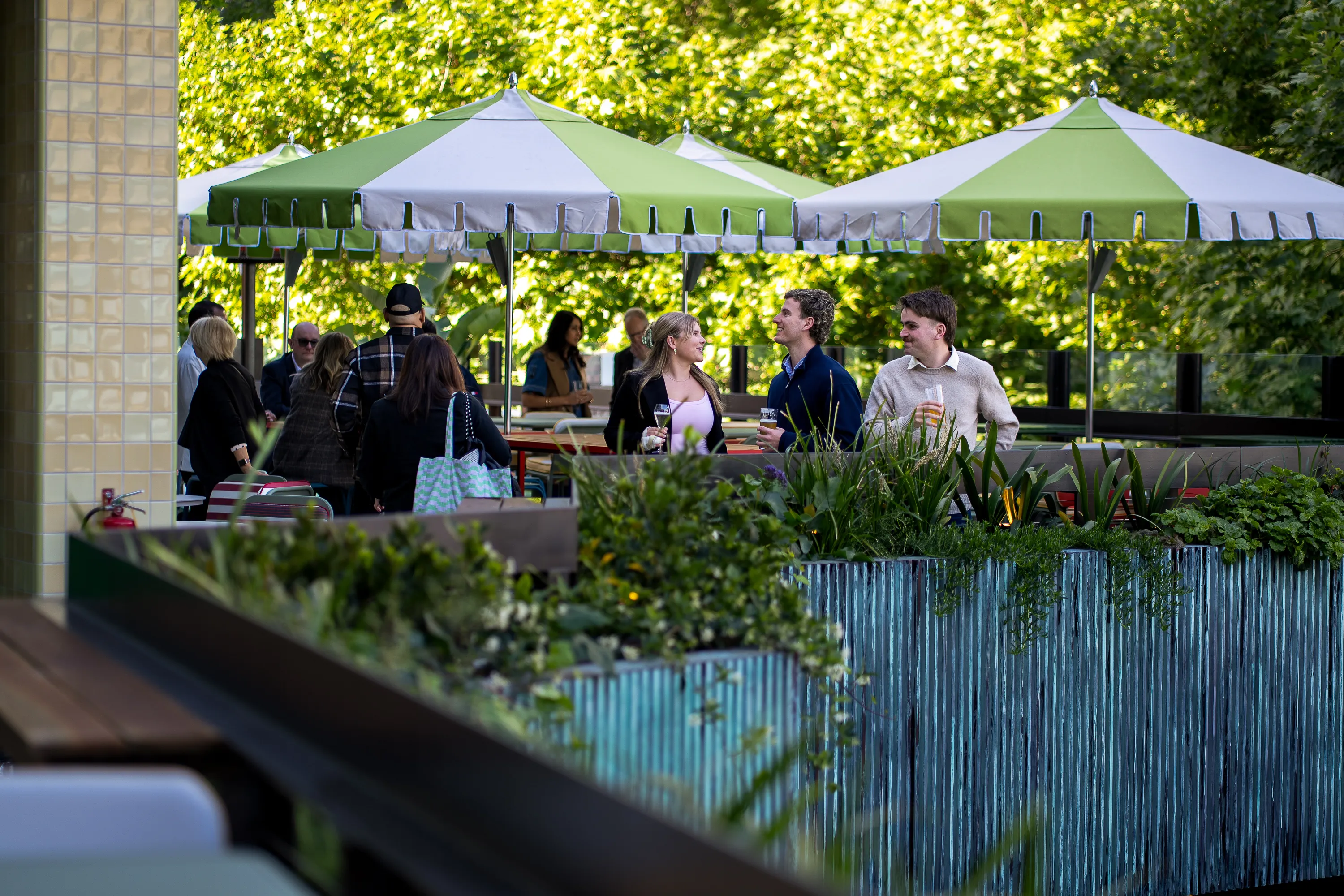 People on the rooftop of the Waterside Hotel.