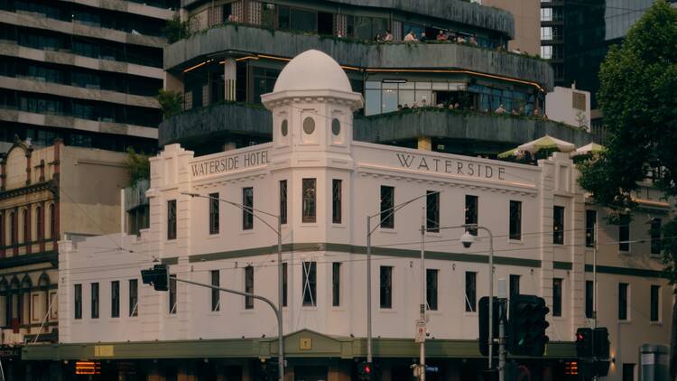 The exterior of the Waterside Hotel.