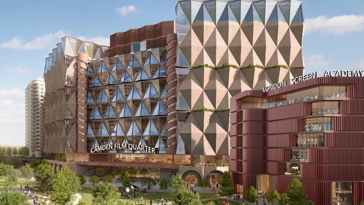 CGI of the Camden Film Quarter, with tower blocks and a public park CGI of the Camden Film Quarter, with tower blocks and a public park