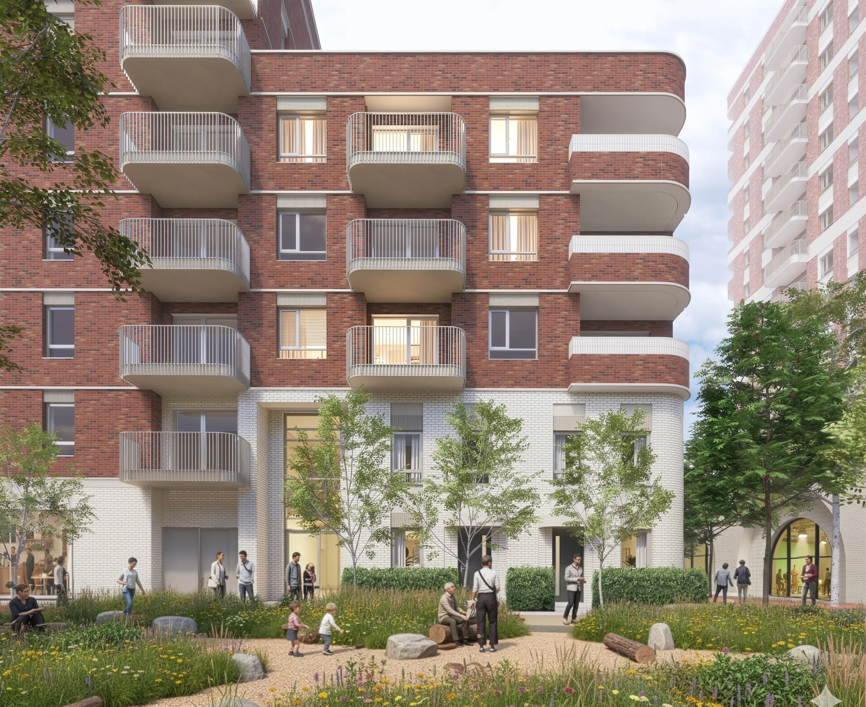 Render of a block of flats with a green park in Camden Film Quarter