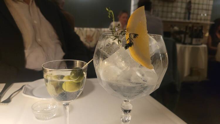 A goblet of gin and ice next to a Martini with olives