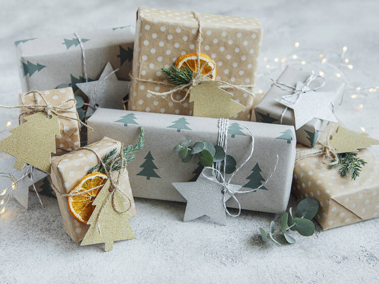 Christmas decorative homemade gift box wrapped in brown kraft paper 1353950185