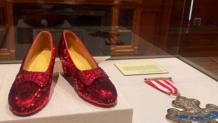 A replica of Dorothy's ruby slippers at "Land of Oz: Beyond the Page" at the Driehaus Museum. A replica of Dorothy's ruby slippers at "Land of Oz: Beyond the Page" at the Driehaus Museum.