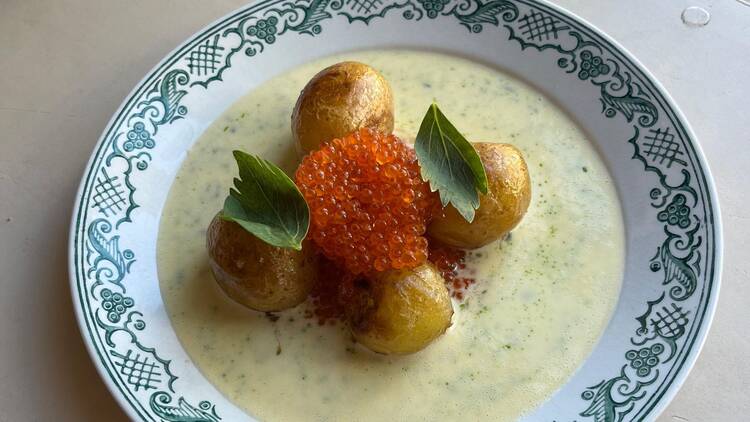 Bistro Eloisan annos Tampereella: uusia perunoita, siianmätiä ja yrttikastiketta kauniisti aseteltuna lautaselle. Bistro Eloisan annos Tampereella: uusia perunoita, siianmätiä ja yrttikastiketta kauniisti aseteltuna lautaselle.