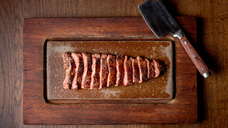 Flat Iron press imagery with steak 