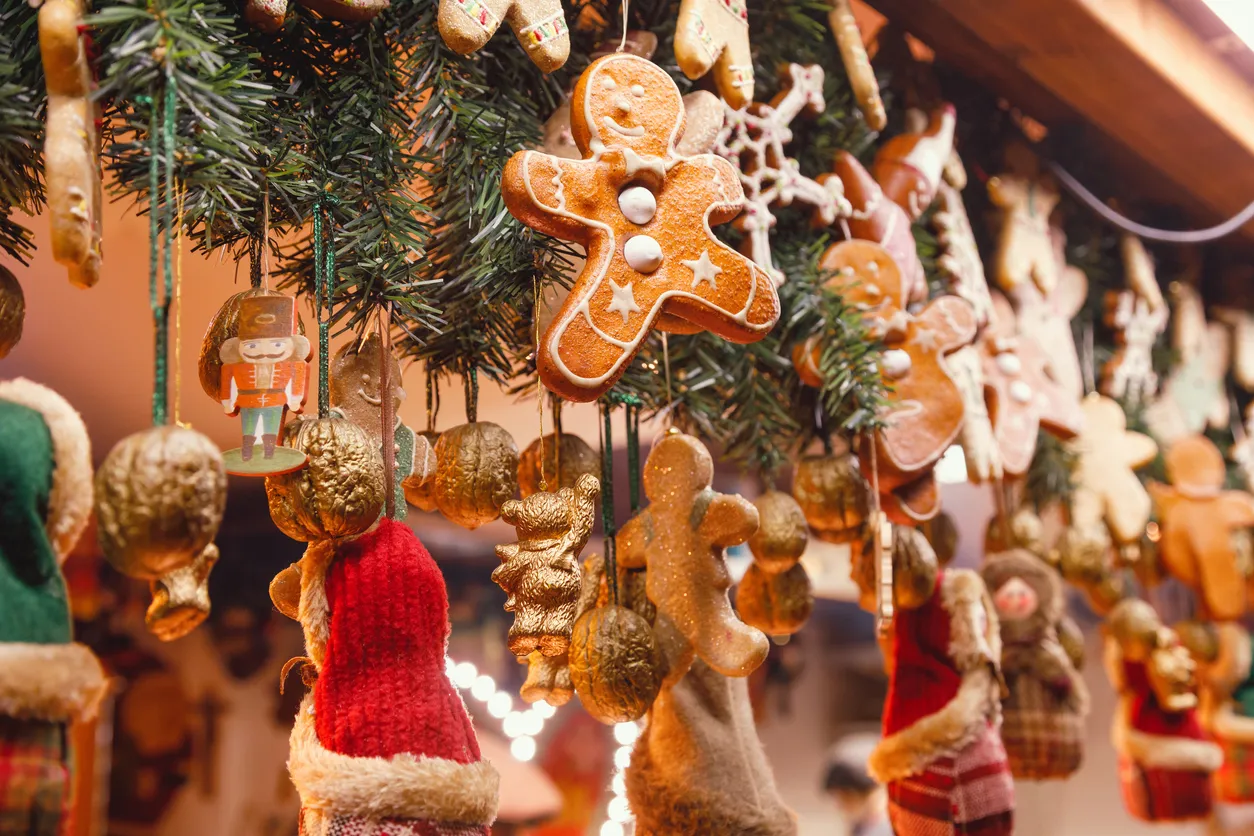 Traditional seasonal items and gifts at Christmas market 