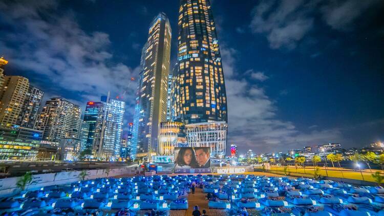 Mov'in Bed Barangaroo outdoor cinema in sydney with sydney skyline at barangaroo