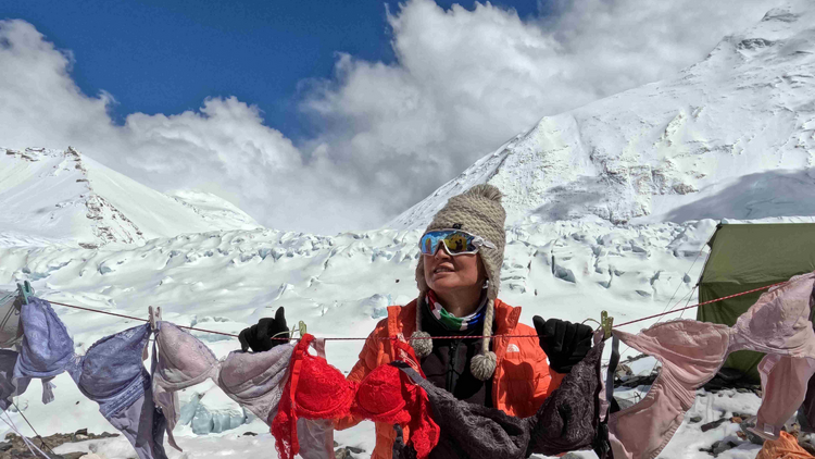 Angela Yeung hanging bras on Everest