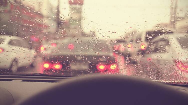 Driving on rainy in a city