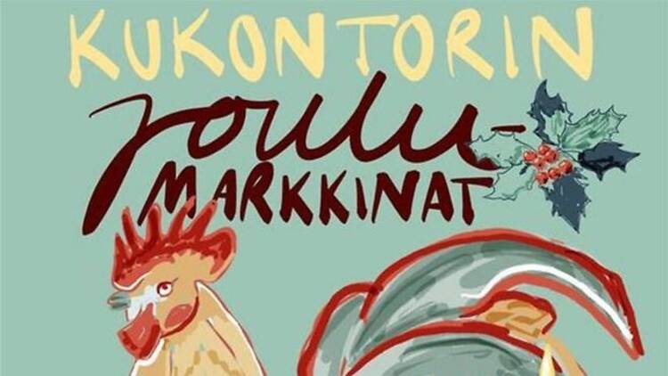 Piirroskuva kukosta Kukontorin joulumarkkinoiden julisteessa