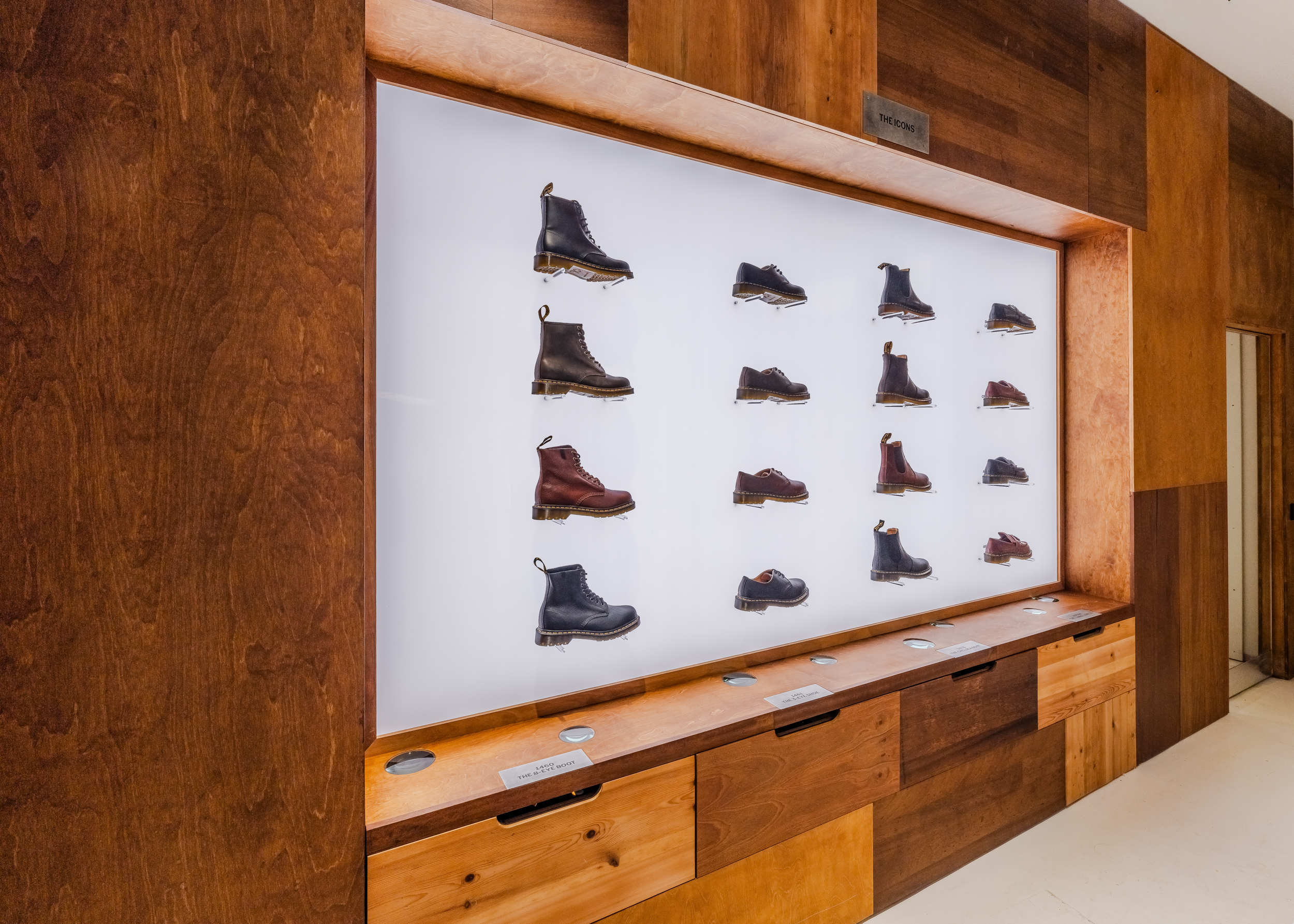 Wall of Dr Martens shoes in the new Soho Flagship