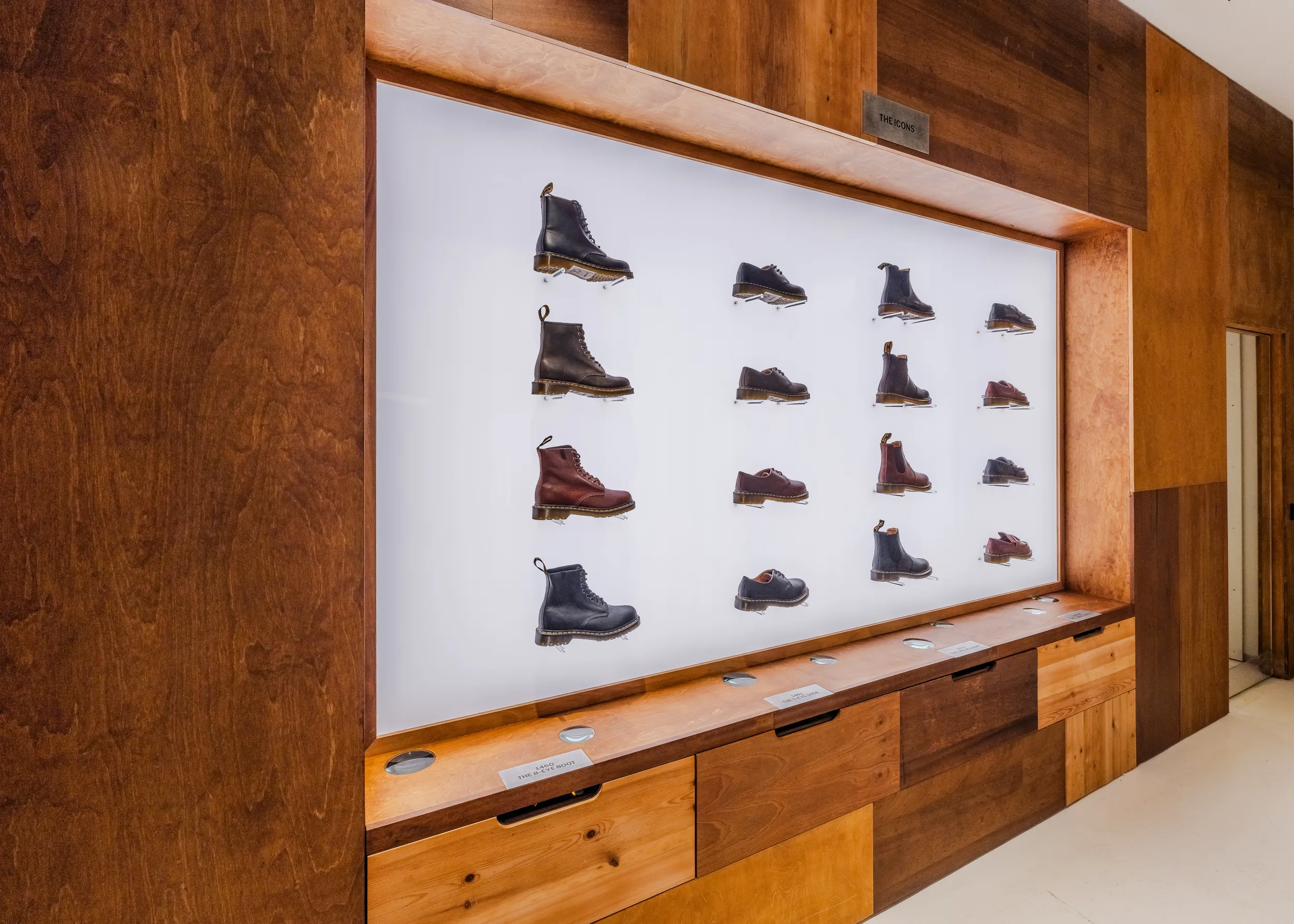 Wall of Dr Martens shoes in the new Soho Flagship