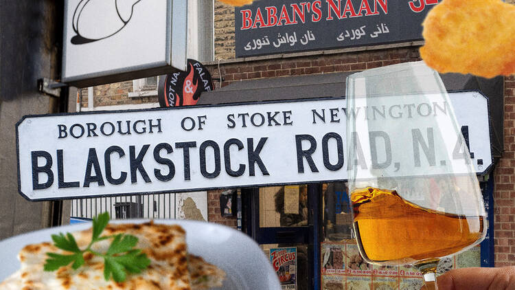 Collage of Blackstock road featuring Baban’s Naan, orange wine and a street sign 
