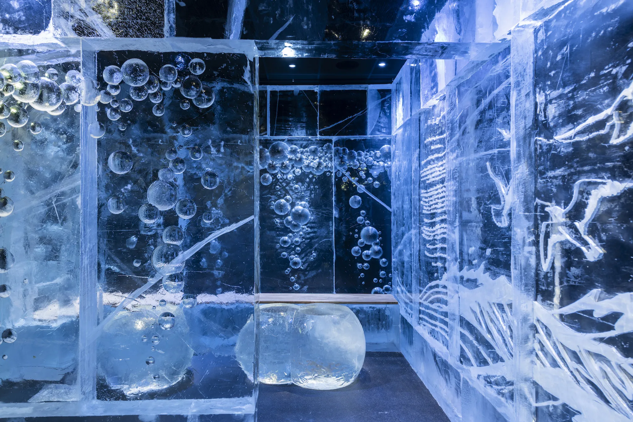 Interior of Copenhagen‘s new Ice Bar, with ice walls and seats