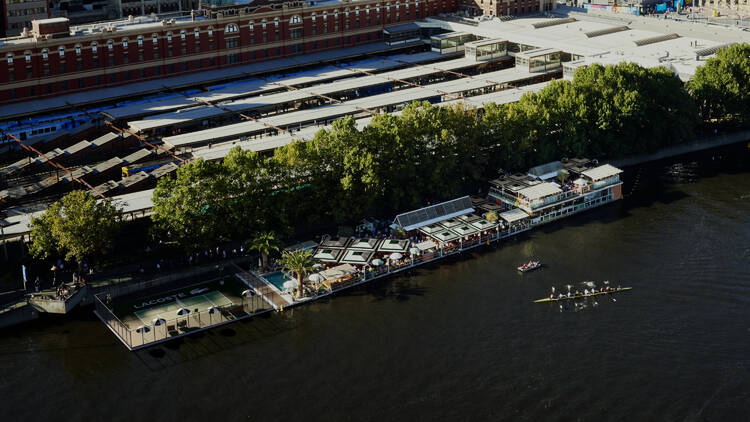 An aerial render of the new floating tennis court at Afloat.