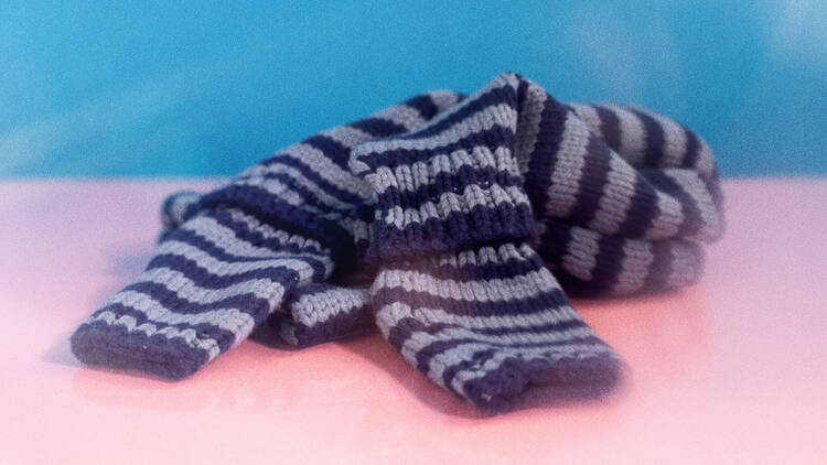 Peachy Den Annie knit scarf and mittens set