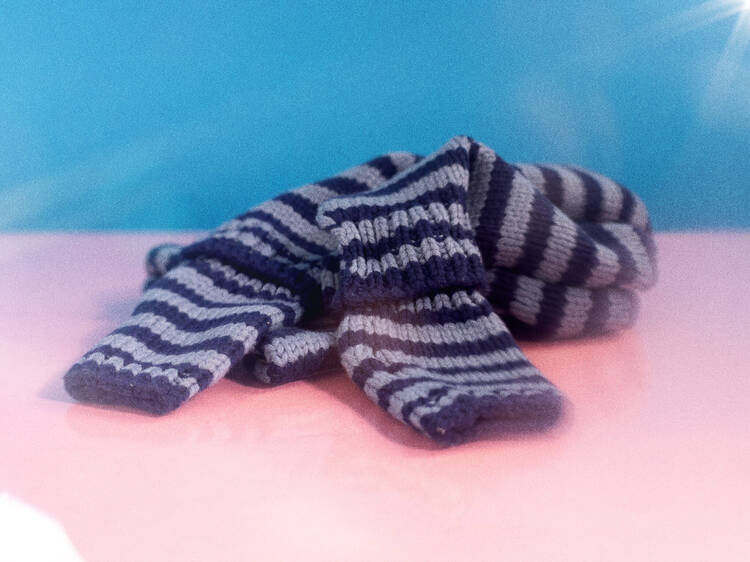 Peachy Den Annie knit scarf and mittens set