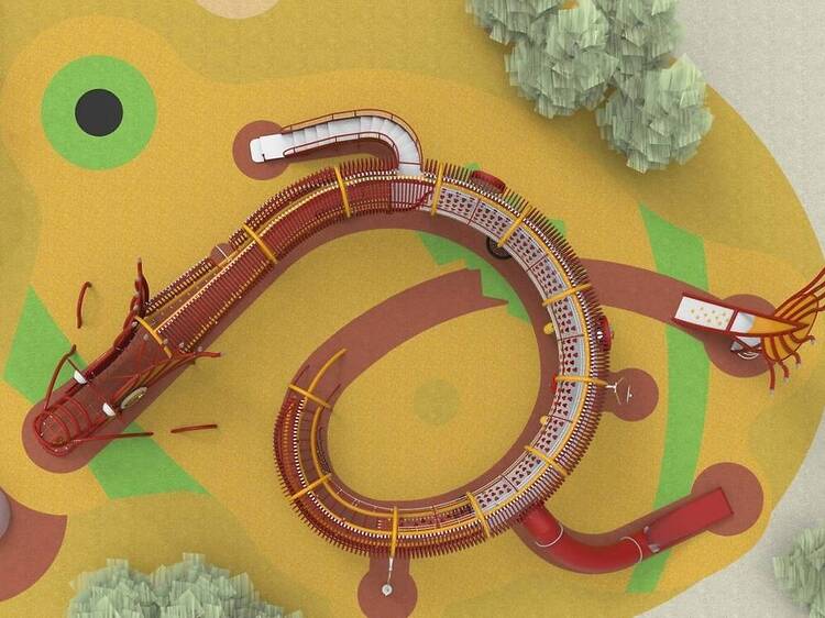 Un gigantesco dragón rojo se instala en Usera: así será el nuevo parque infantil con rocódromo, barras y juegos