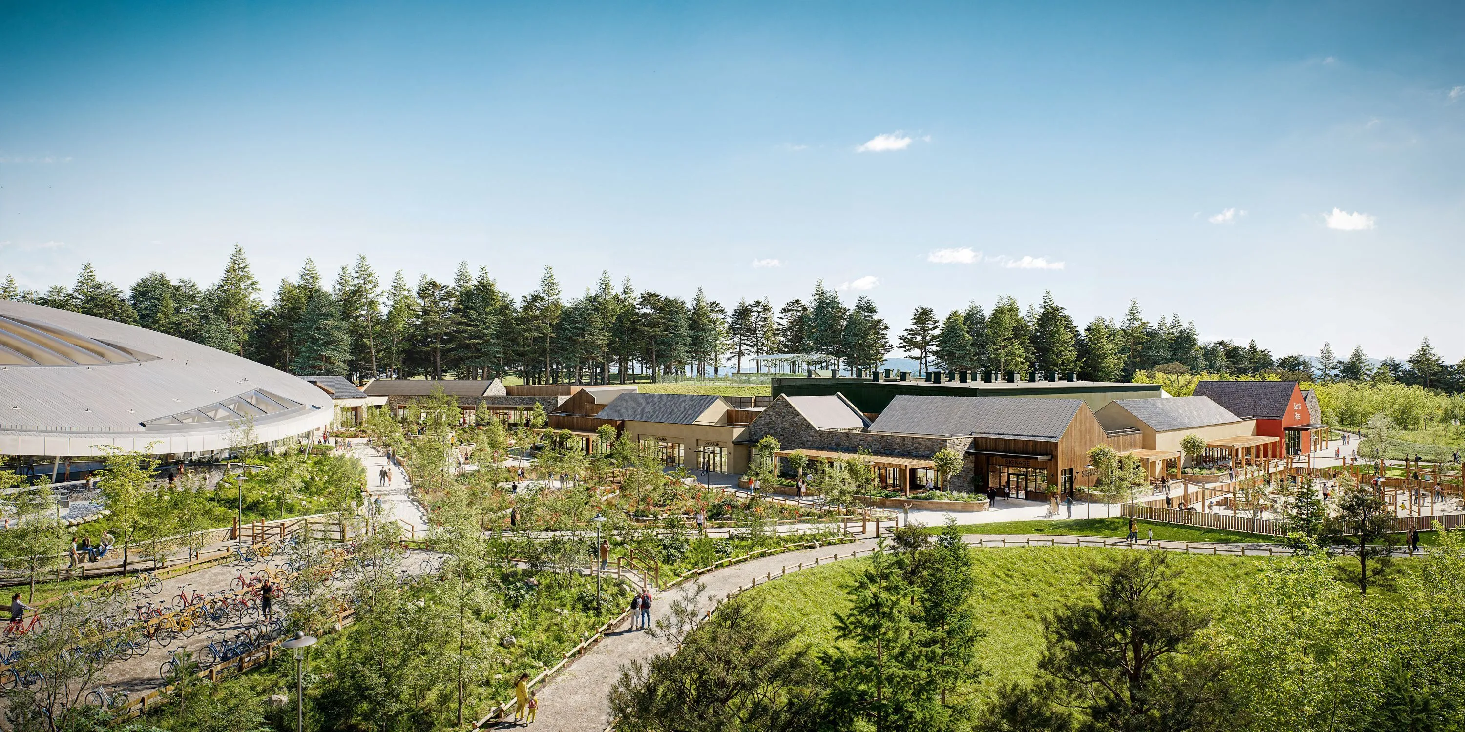 Architect image of Center Parcs in Scotland with lots of greenery and trees and a hub