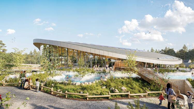 Architects image of lake and modern building in the forest