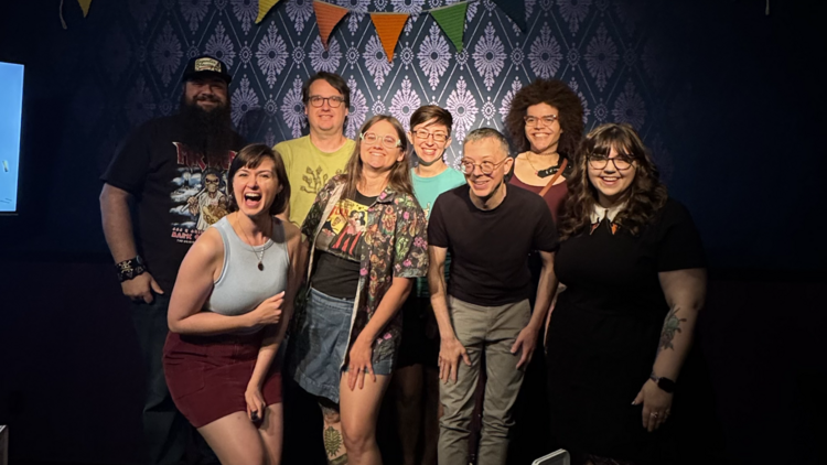 Performers at Show & Tell for Grown-Ups pose after a show. Performers at Show & Tell for Grown-Ups pose after a show.