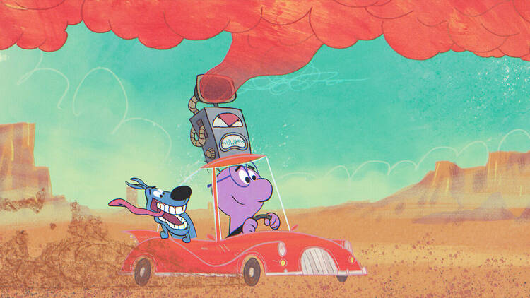 A still of an animated short film with a dog and purple person in a car