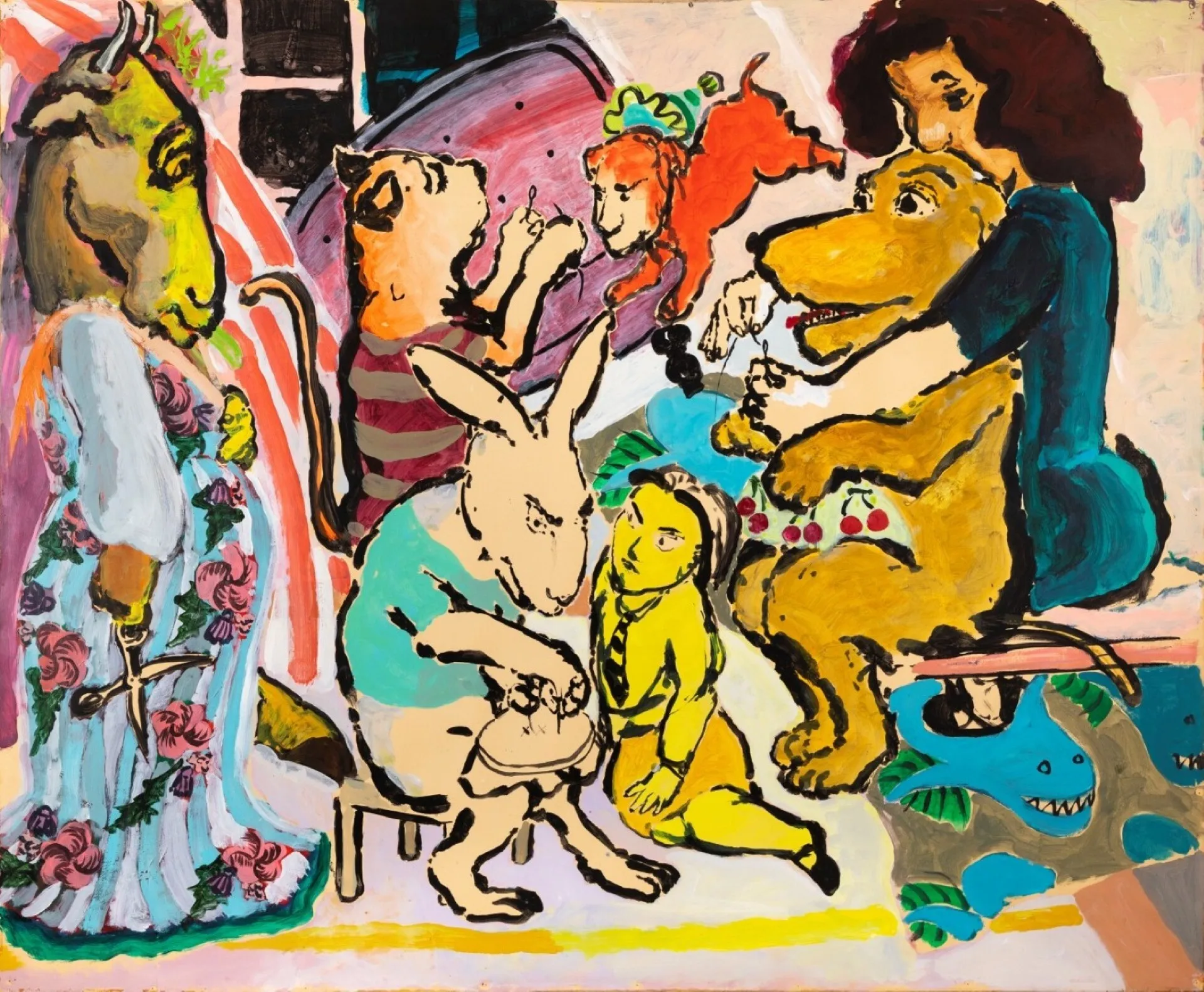 Paula Rego. Li&ccedil;&atilde;o de costura, 1986 Tinta acr&iacute;lica sobre papel montado em tela. 125 x 150 cm Cole&ccedil;&atilde;o particular em dep&oacute;sito na Funda&ccedil;&atilde;o D. Lu&iacute;s I / Casa das Hist&oacute;rias Paula Rego