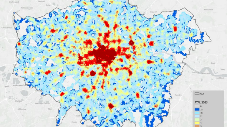 Map of public transport access level across London 2024 Map of public transport access level across London 2024