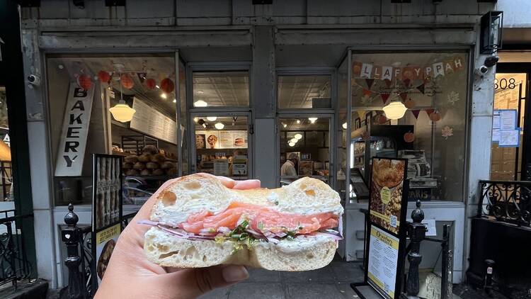 Orwashers A lox bagel outside of Orwashers