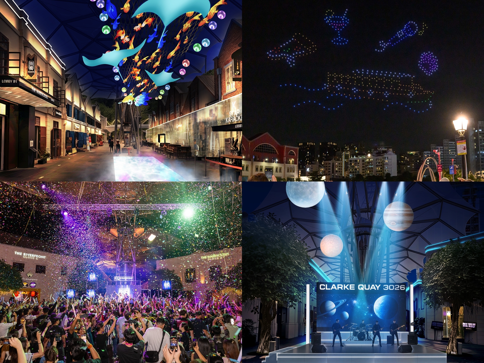 Countdown to 2026 with free live music, neon art installations, and drone shows by the river at Clarke Quay