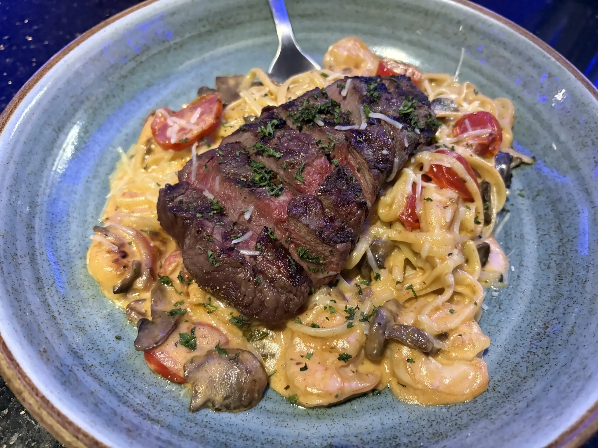 Bistro Steak and Shrimp Alfredo Linguine at Dave & Buster's