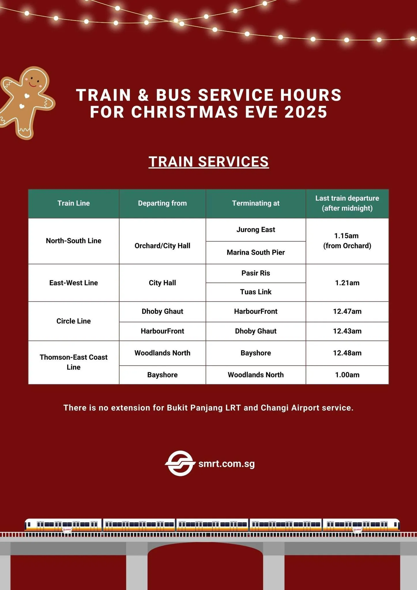 SMRT Christmas Eve train hours