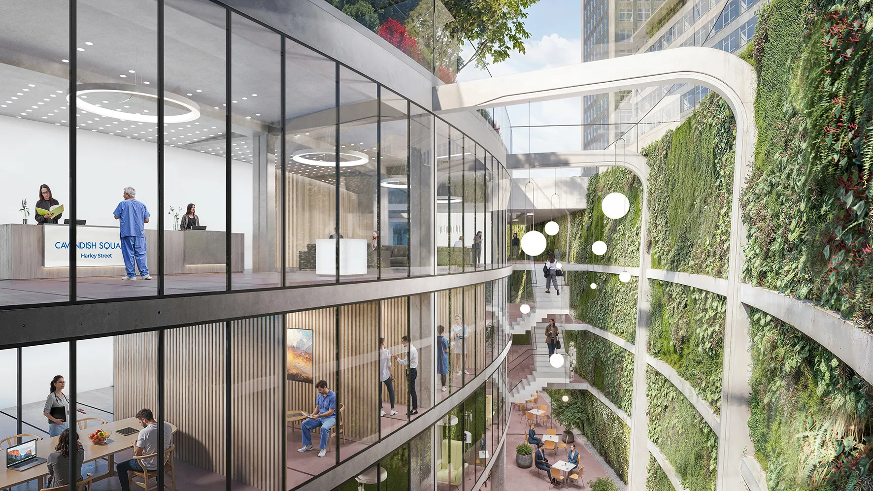 Subterranean health facility beneath Cavendish Square Gardens with glass walls 