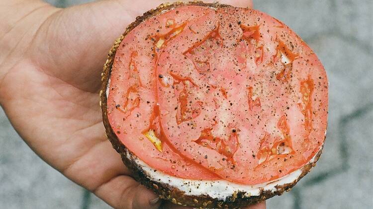 Apollo Bagels | Bagel with cream cheese and tomato