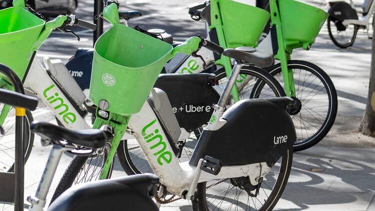 Lime bikes on the pavement in London