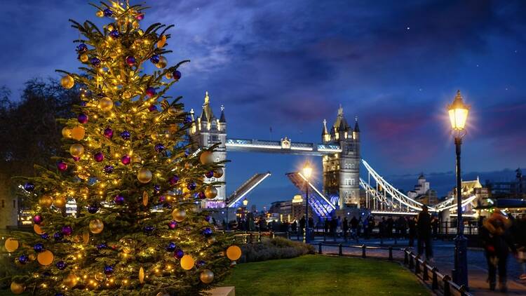 London at Christmas, with Tower Bridge and a tree