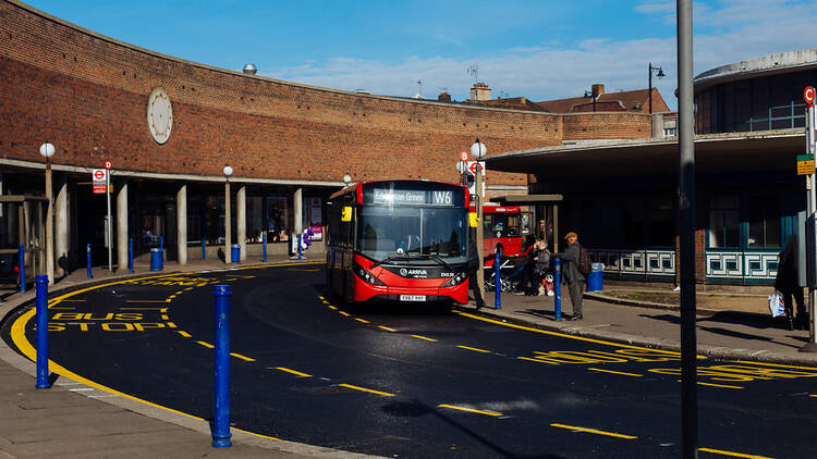 Bus stop next to Southgate tube station in north London