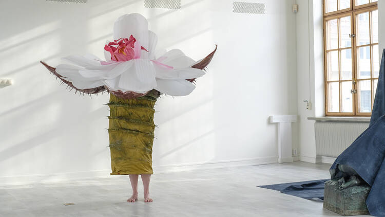 A person standing up dressed as a waterlily flower.
