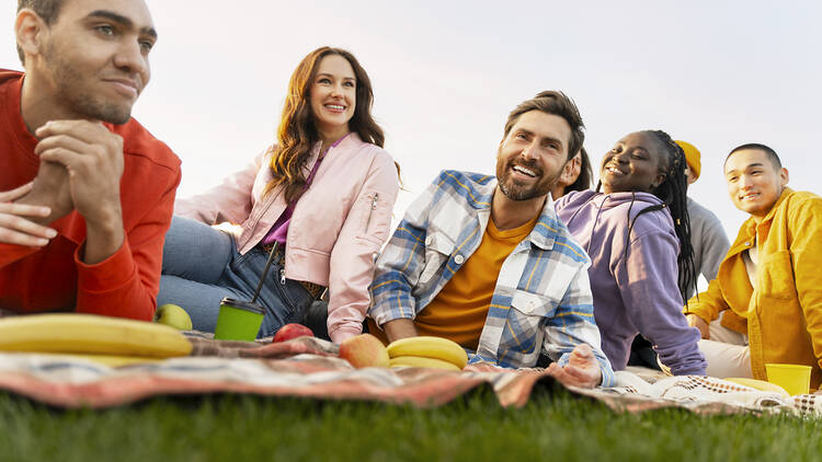 Group of friends having fun, relaxing and enjoying picnic in nature Group of friends are lying on a blanket, enjoying the sun and each other's company during a picnic in the park