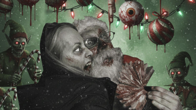A zombie hugs Santa Claus, with demonic elves in the background.