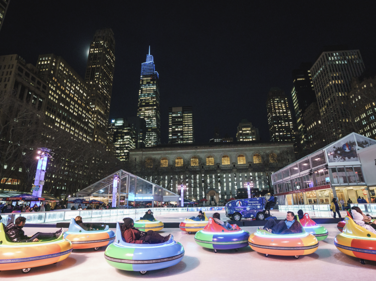 Bumper cars on ice at Bryant Park