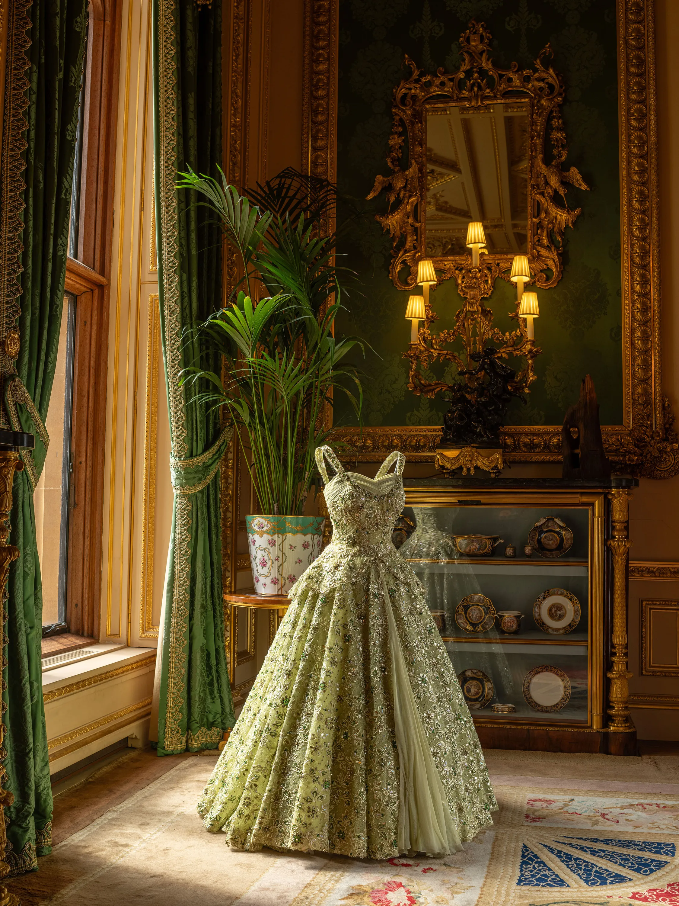 Evening gown displayed in the drawing room at Windsor Castle 