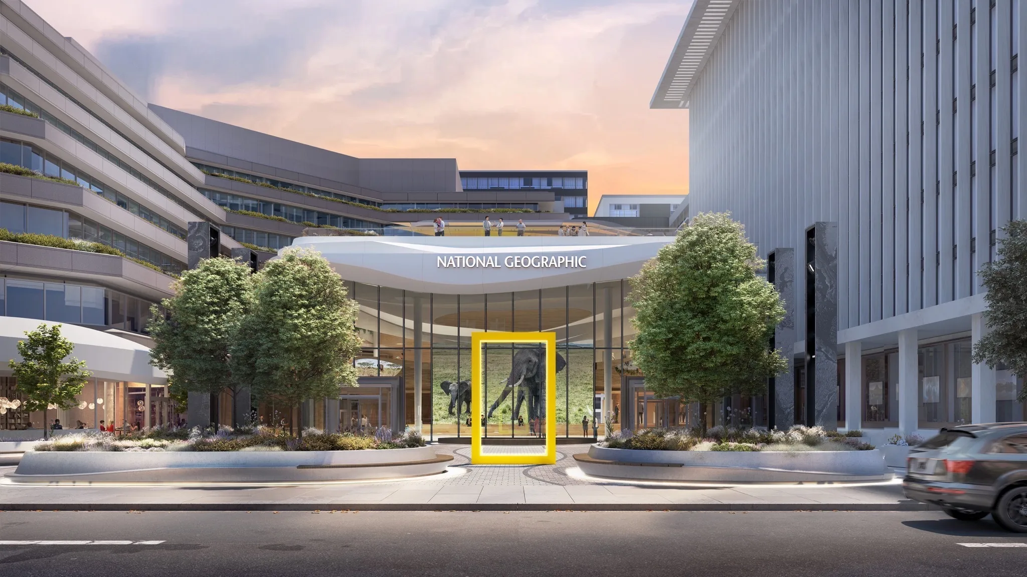 Artist's rendering of the exterior front courtyard of the renovated National Geographic Society headquarters and Museum of Exploration, opening in 2026.